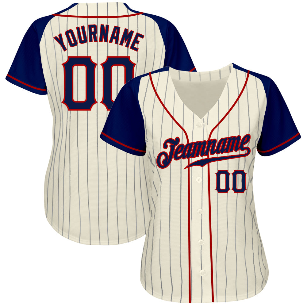 Custom Cream Navy Pinstripe Navy-Red Authentic Raglan Sleeves Baseball Jersey view 3