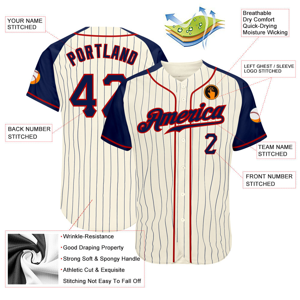 Custom Cream Navy Pinstripe Navy-Red Authentic Raglan Sleeves Baseball Jersey view 4
