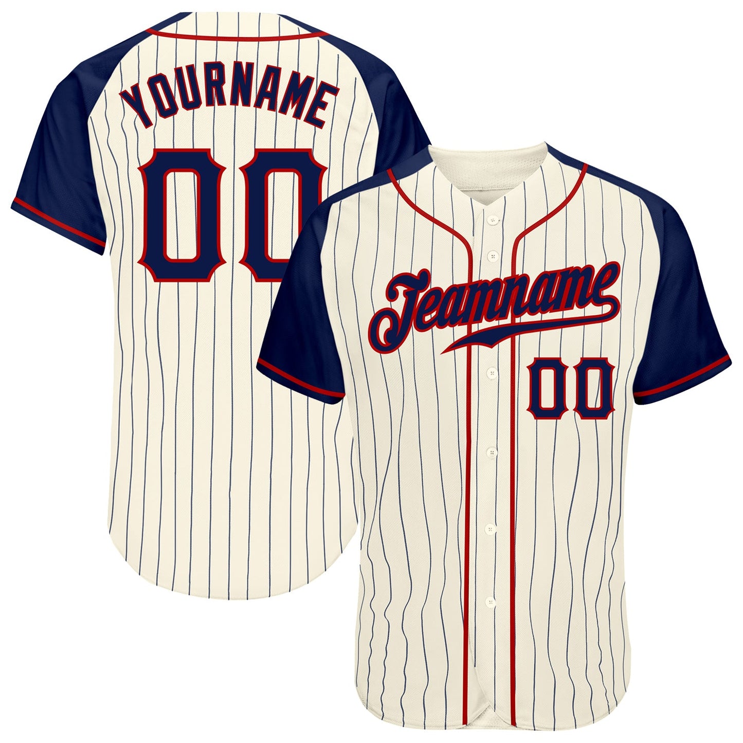 Custom Cream Navy Pinstripe Navy-Red Authentic Raglan Sleeves Baseball Jersey - Main View