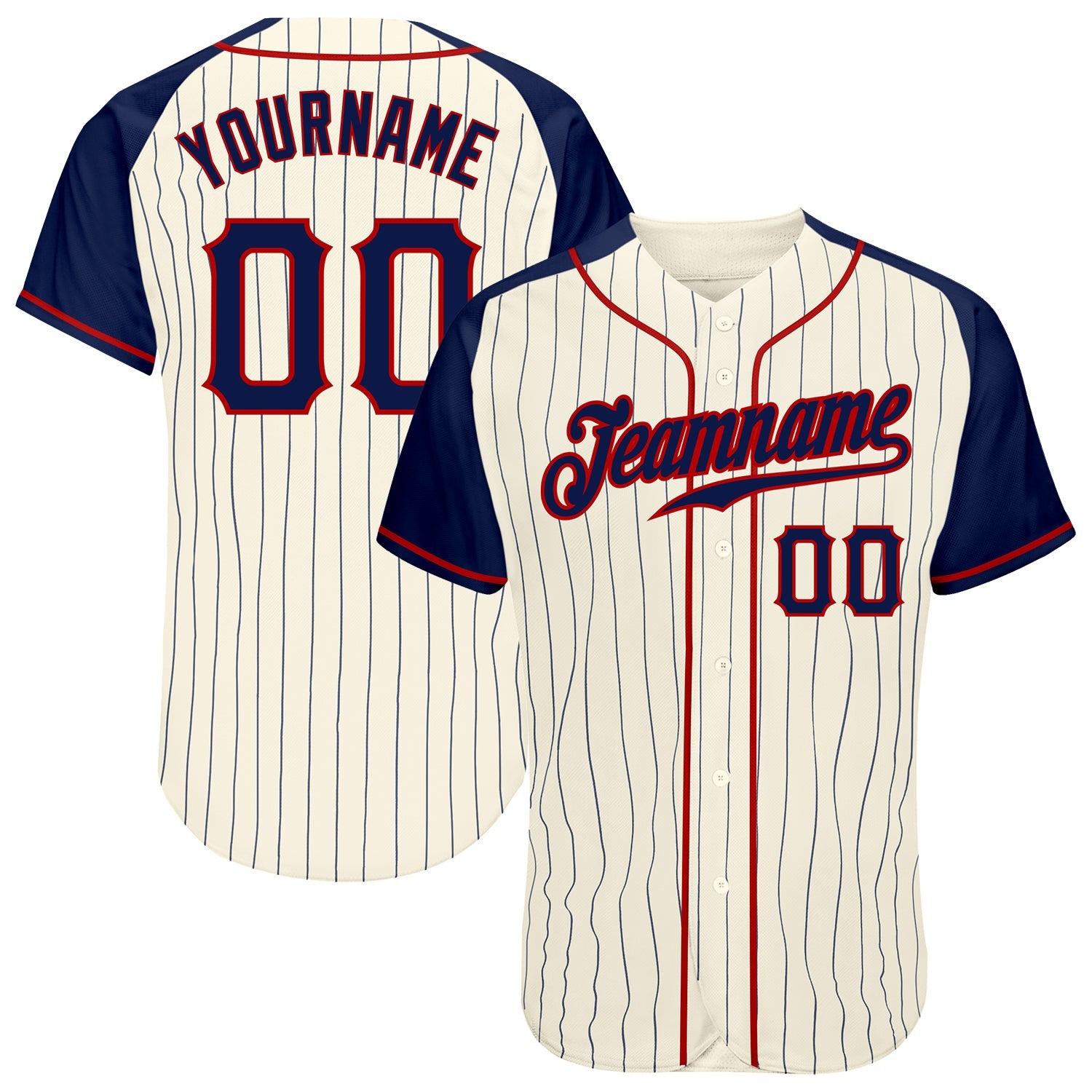 Custom Cream Navy Pinstripe Navy-Red Authentic Raglan Sleeves Baseball Jersey - Main View