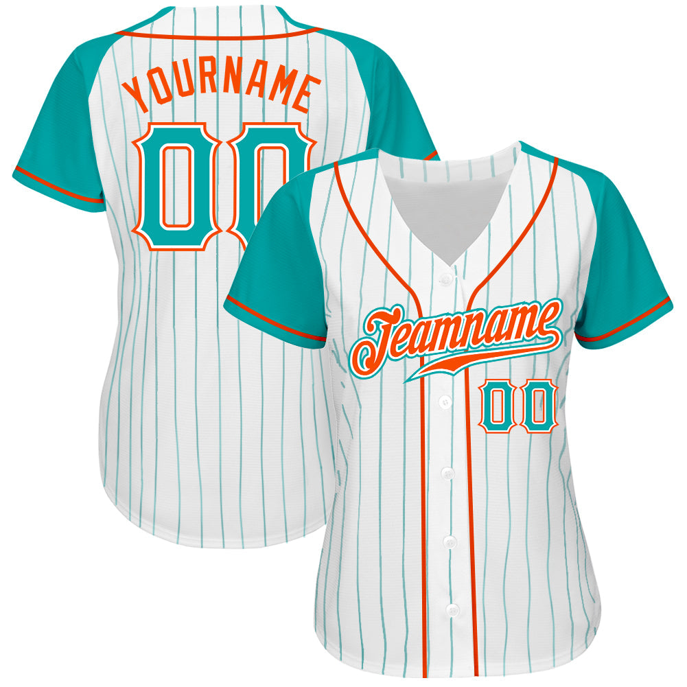 Custom White Aqua Pinstripe Aqua-Orange Authentic Raglan Sleeves Baseball Jersey view 3