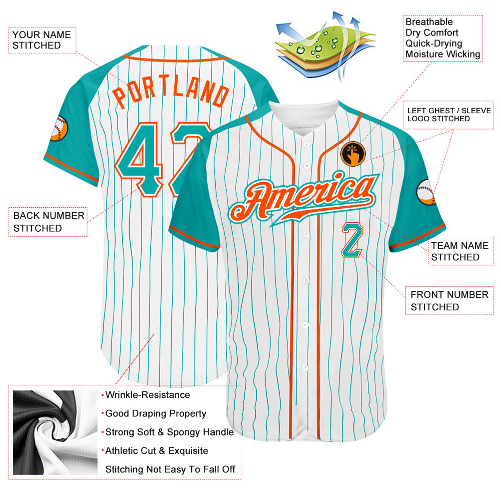Custom White Aqua Pinstripe Aqua-Orange Authentic Raglan Sleeves Baseball Jersey view 4