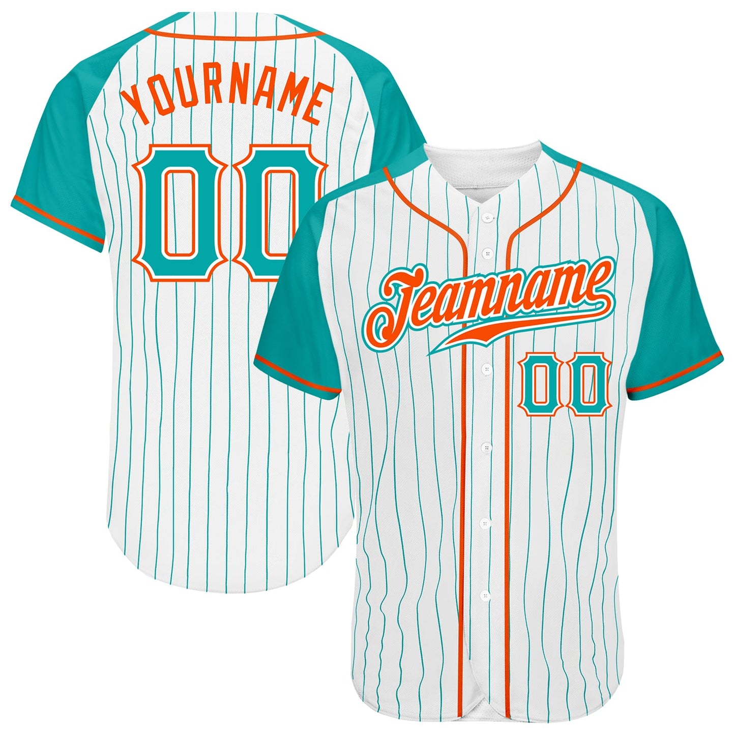 Custom White Aqua Pinstripe Aqua-Orange Authentic Raglan Sleeves Baseball Jersey - Main View