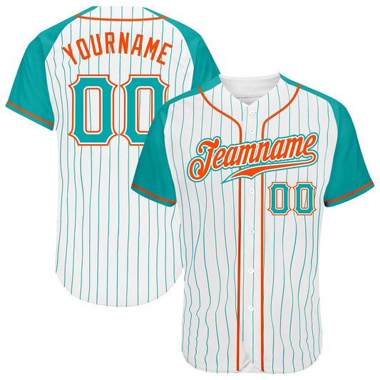Custom White Aqua Pinstripe Aqua-Orange Authentic Raglan Sleeves Baseball Jersey - Main View