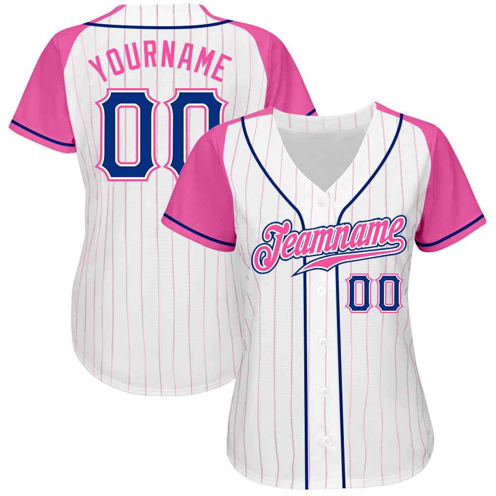 Custom White Pink Pinstripe Royal-Pink Authentic Raglan Sleeves Baseball Jersey view 2
