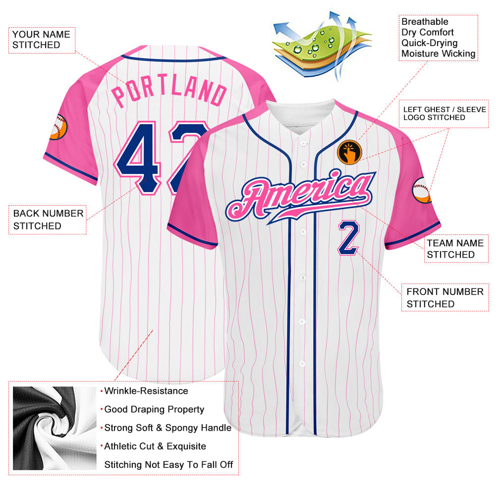 Custom White Pink Pinstripe Royal-Pink Authentic Raglan Sleeves Baseball Jersey view 3