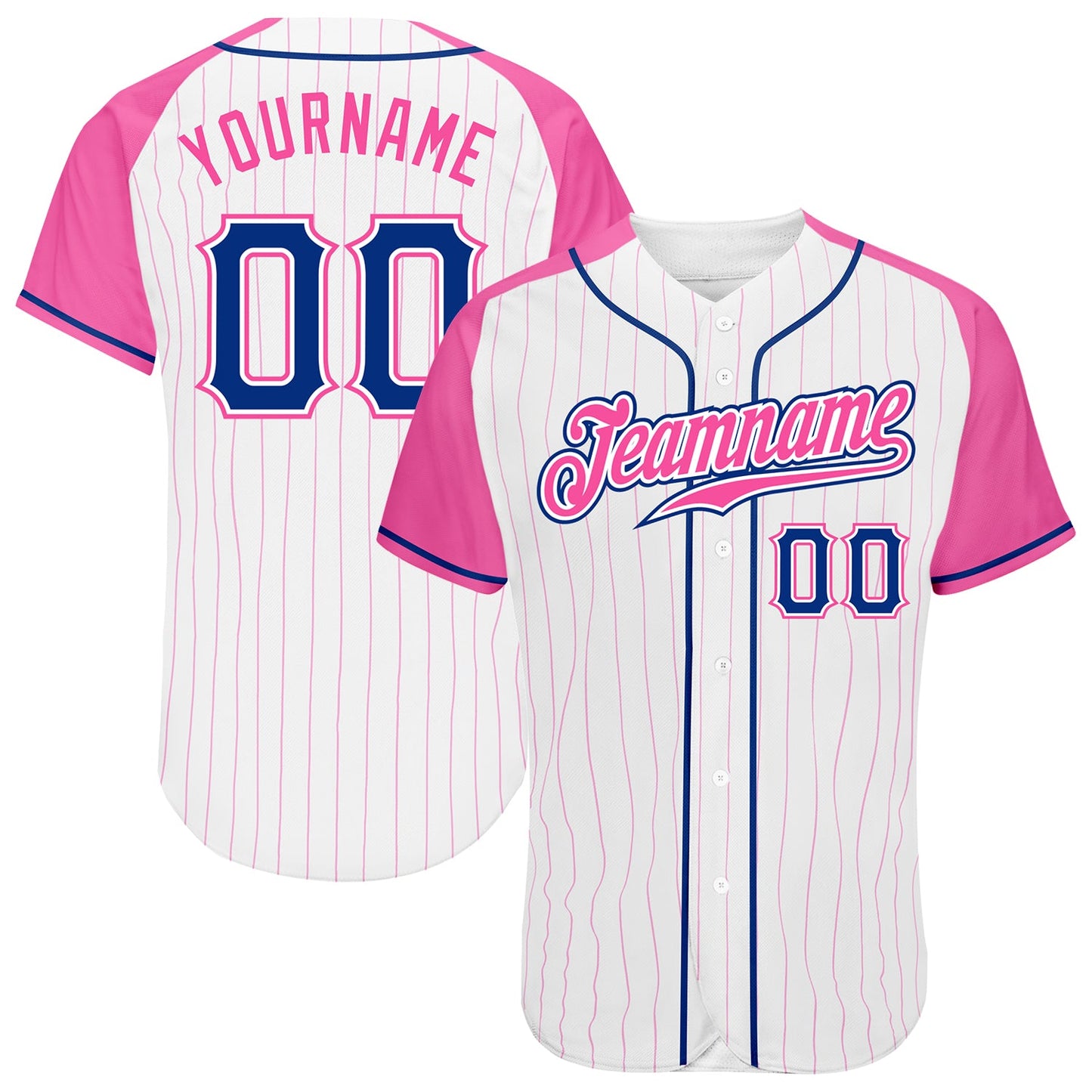 Custom White Pink Pinstripe Royal-Pink Authentic Raglan Sleeves Baseball Jersey - Main View