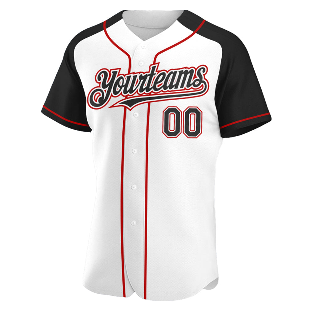 Custom White Black-Red Authentic Raglan Sleeves Baseball Jersey view 2