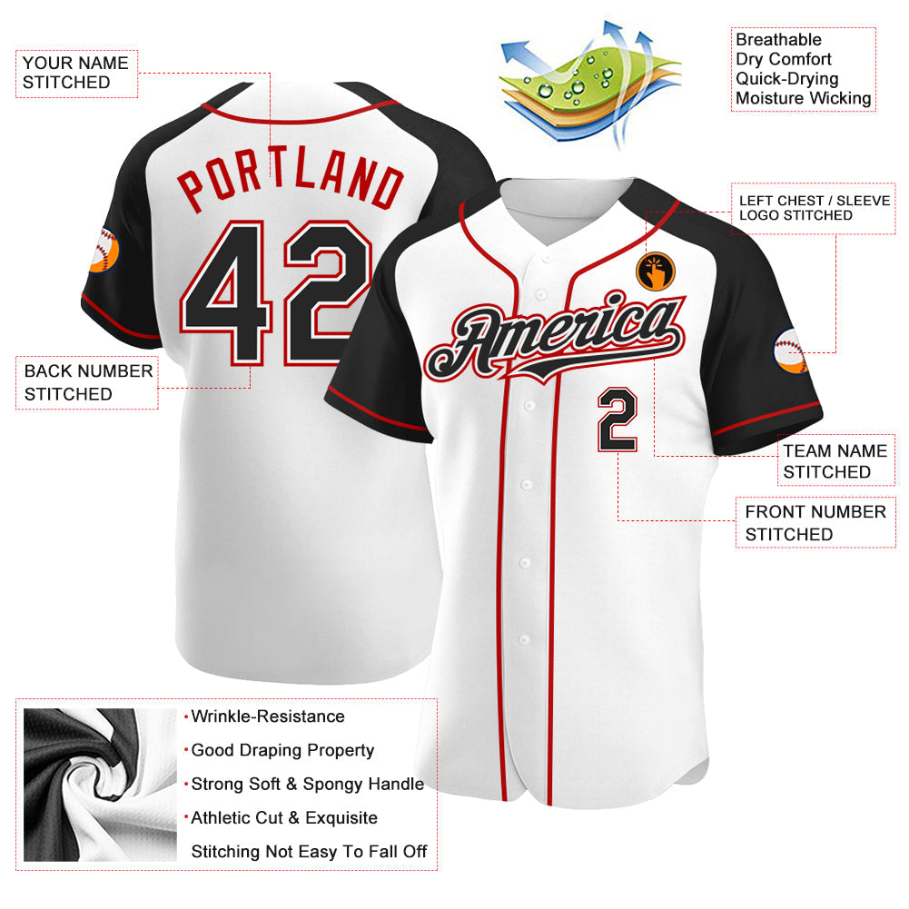 Custom White Black-Red Authentic Raglan Sleeves Baseball Jersey view 3