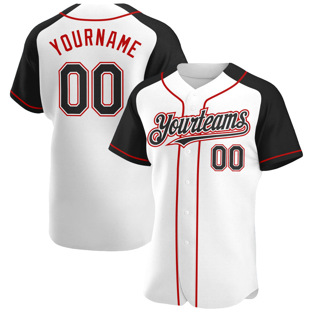 Custom White Black-Red Authentic Raglan Sleeves Baseball Jersey - Main View