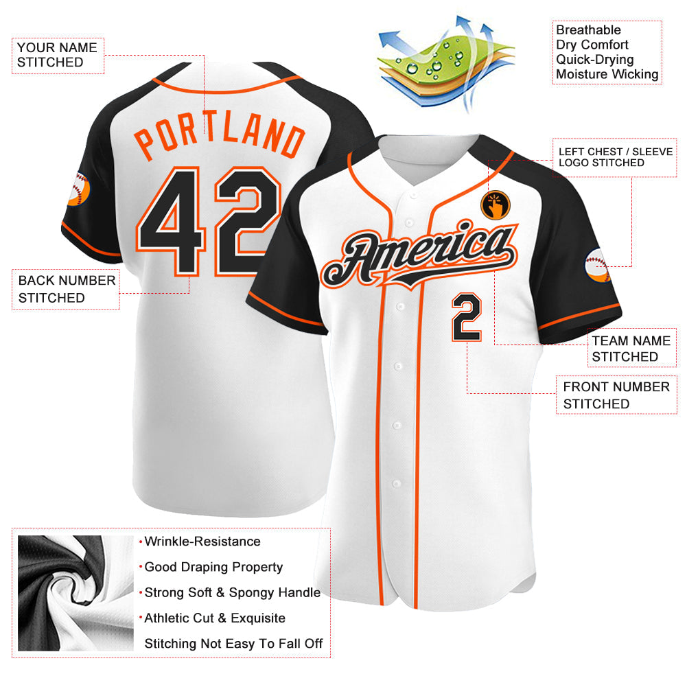 Custom White Black-Orange Authentic Raglan Sleeves Baseball Jersey view 3