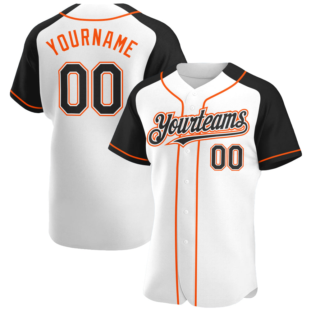 Custom White Black-Orange Authentic Raglan Sleeves Baseball Jersey - Main View