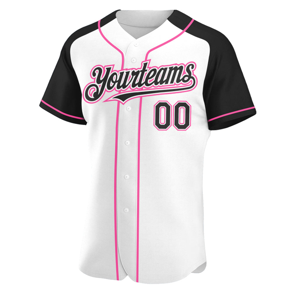 Custom White Black-Pink Authentic Raglan Sleeves Baseball Jersey view 2
