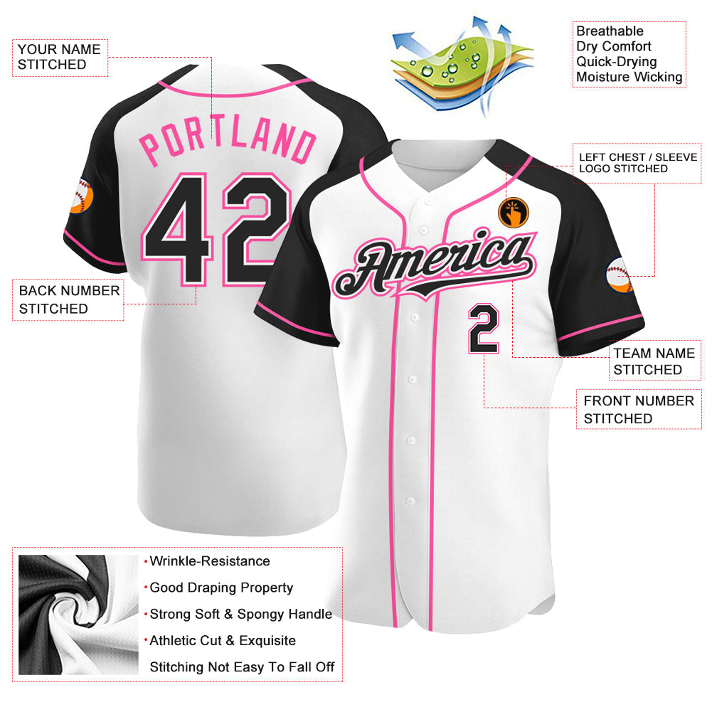 Custom White Black-Pink Authentic Raglan Sleeves Baseball Jersey view 3