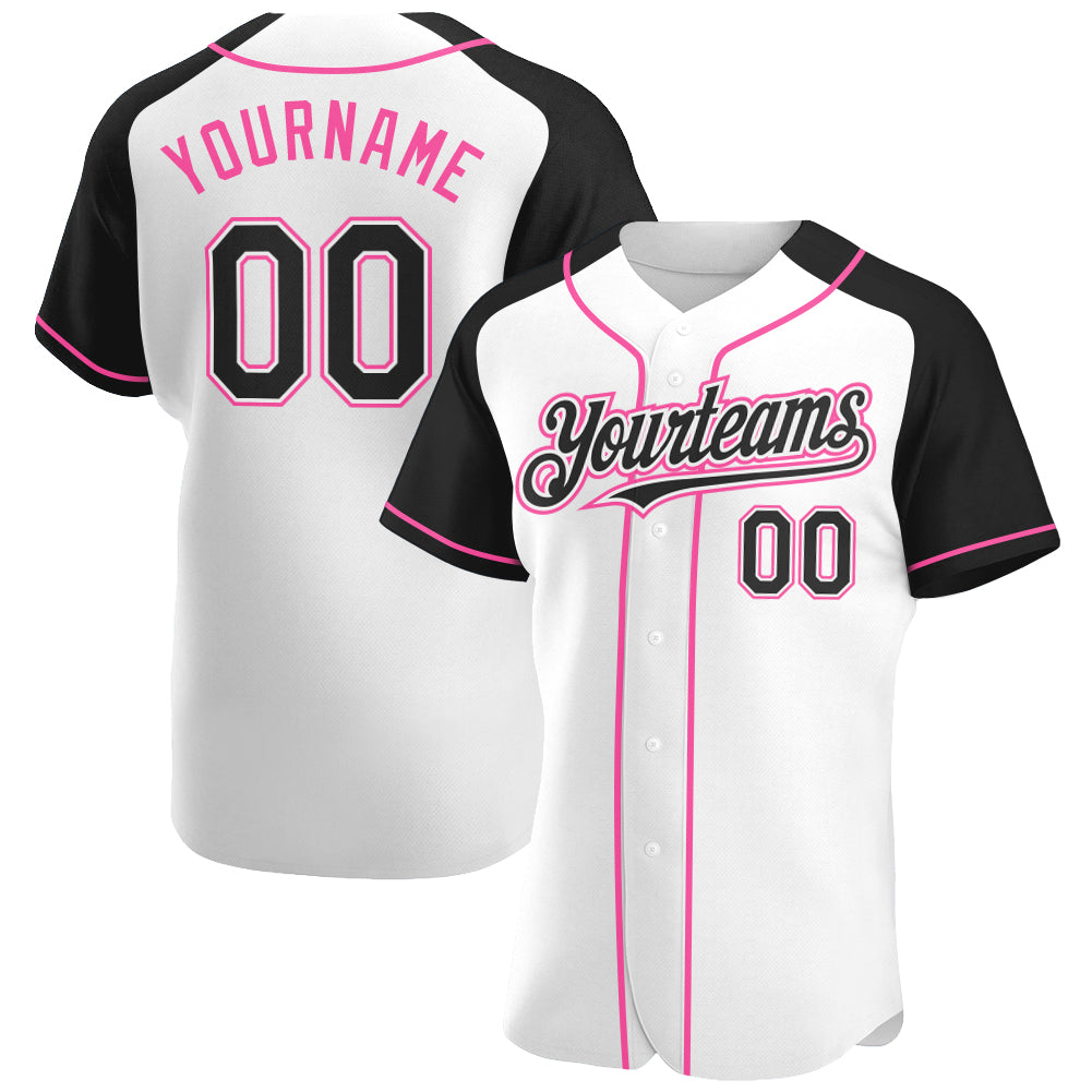 Custom White Black-Pink Authentic Raglan Sleeves Baseball Jersey - Main View