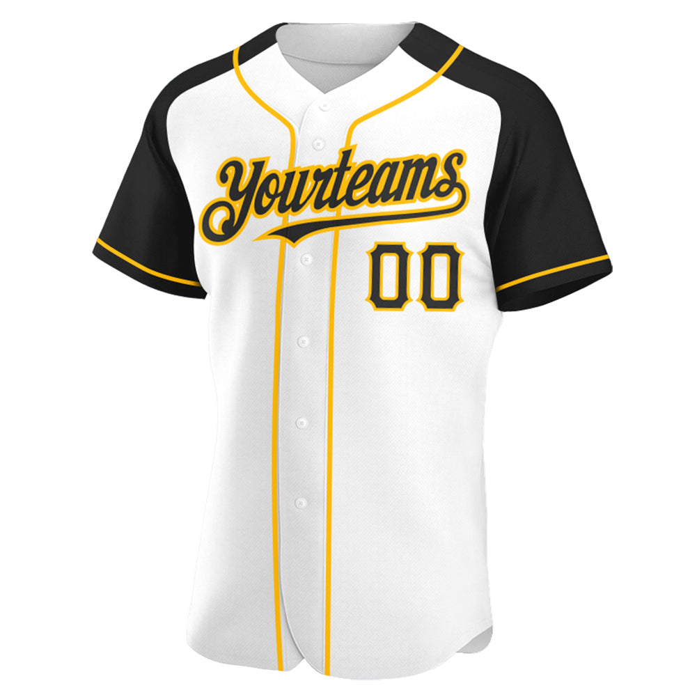 Custom White Black-Gold Authentic Raglan Sleeves Baseball Jersey view 2