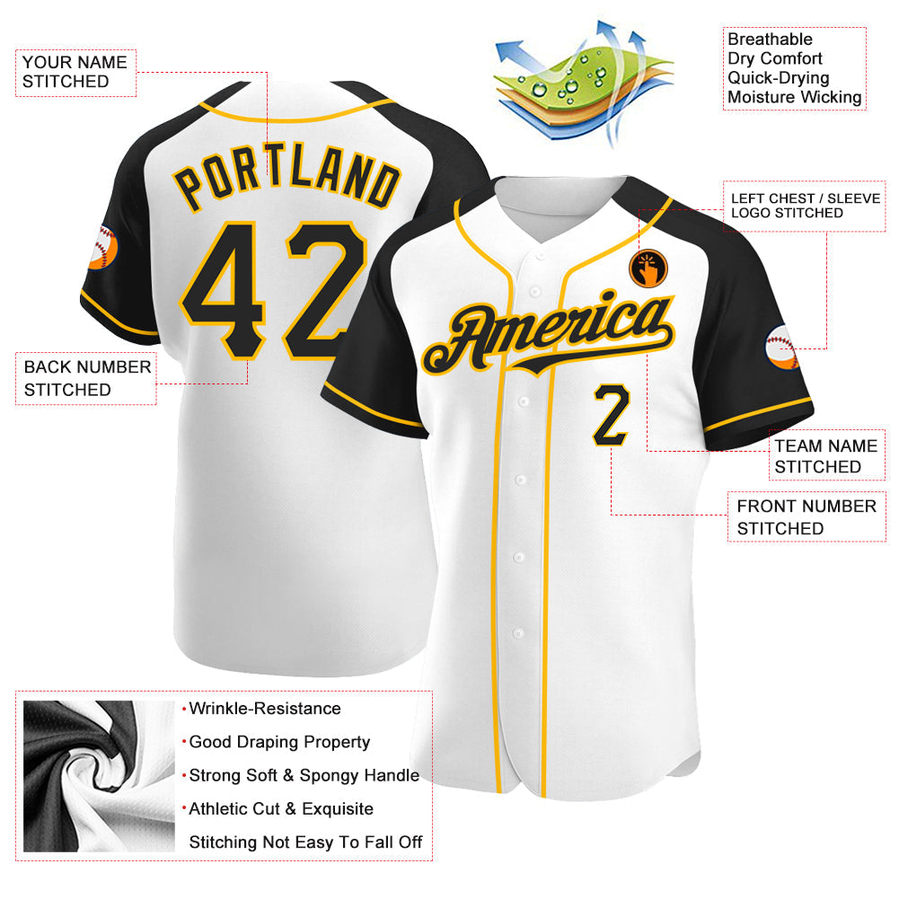 Custom White Black-Gold Authentic Raglan Sleeves Baseball Jersey view 3