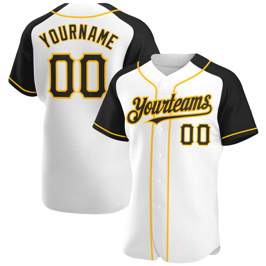 Custom White Black-Gold Authentic Raglan Sleeves Baseball Jersey - Main View