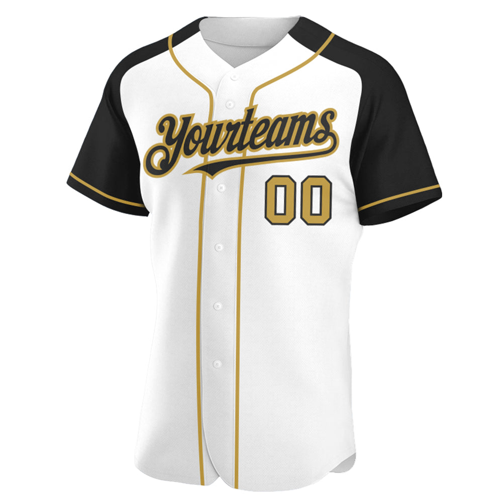 Custom White Old Gold-Black Authentic Raglan Sleeves Baseball Jersey view 2