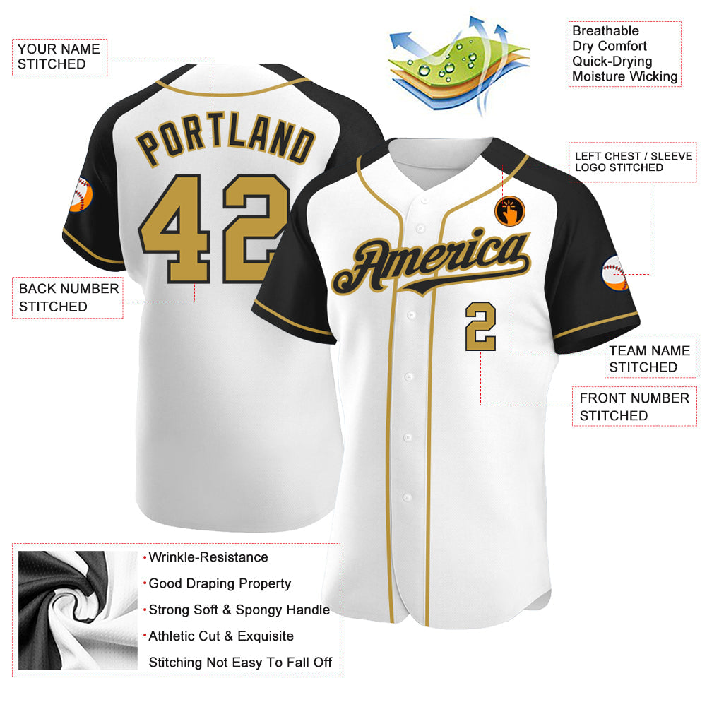 Custom White Old Gold-Black Authentic Raglan Sleeves Baseball Jersey view 3