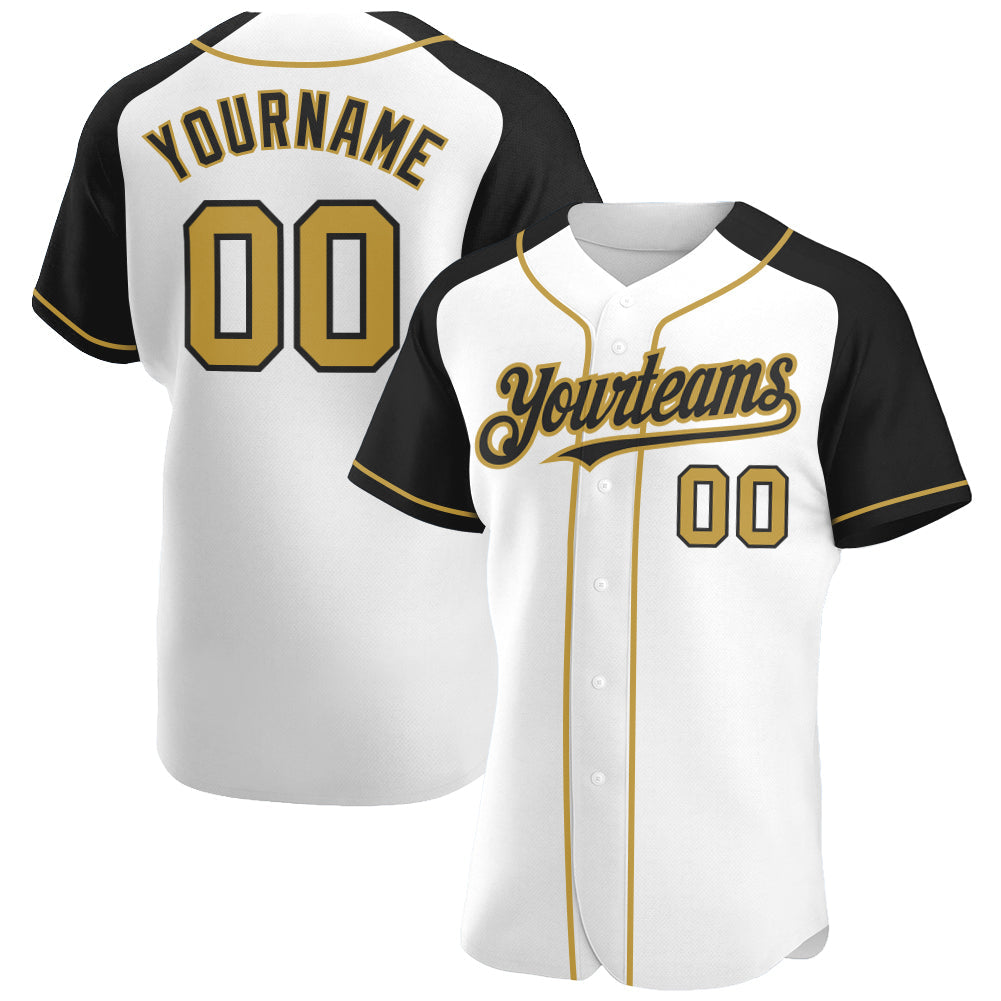 Custom White Old Gold-Black Authentic Raglan Sleeves Baseball Jersey - Main View
