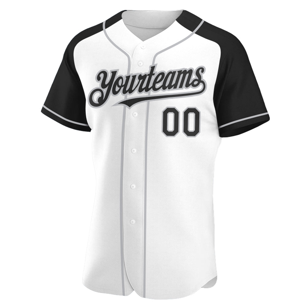 Custom White Black-Gray Authentic Raglan Sleeves Baseball Jersey view 2
