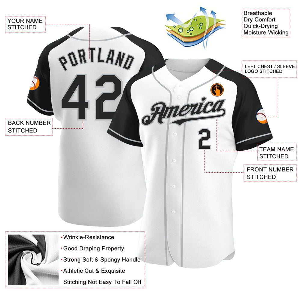 Custom White Black-Gray Authentic Raglan Sleeves Baseball Jersey view 3