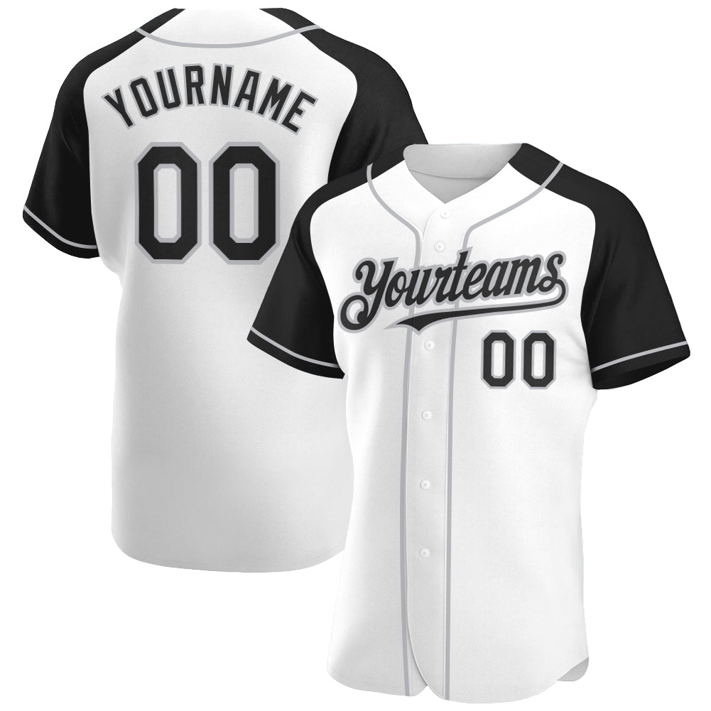 Custom White Black-Gray Authentic Raglan Sleeves Baseball Jersey - Main View
