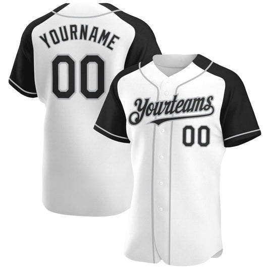 Custom White Black-Gray Authentic Raglan Sleeves Baseball Jersey - Main View