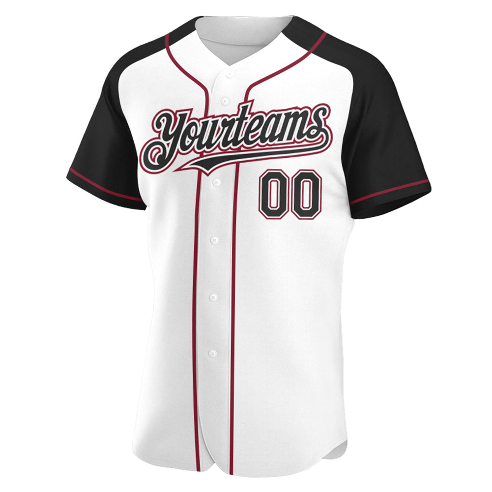 Custom White Black-Crimson Authentic Raglan Sleeves Baseball Jersey view 2