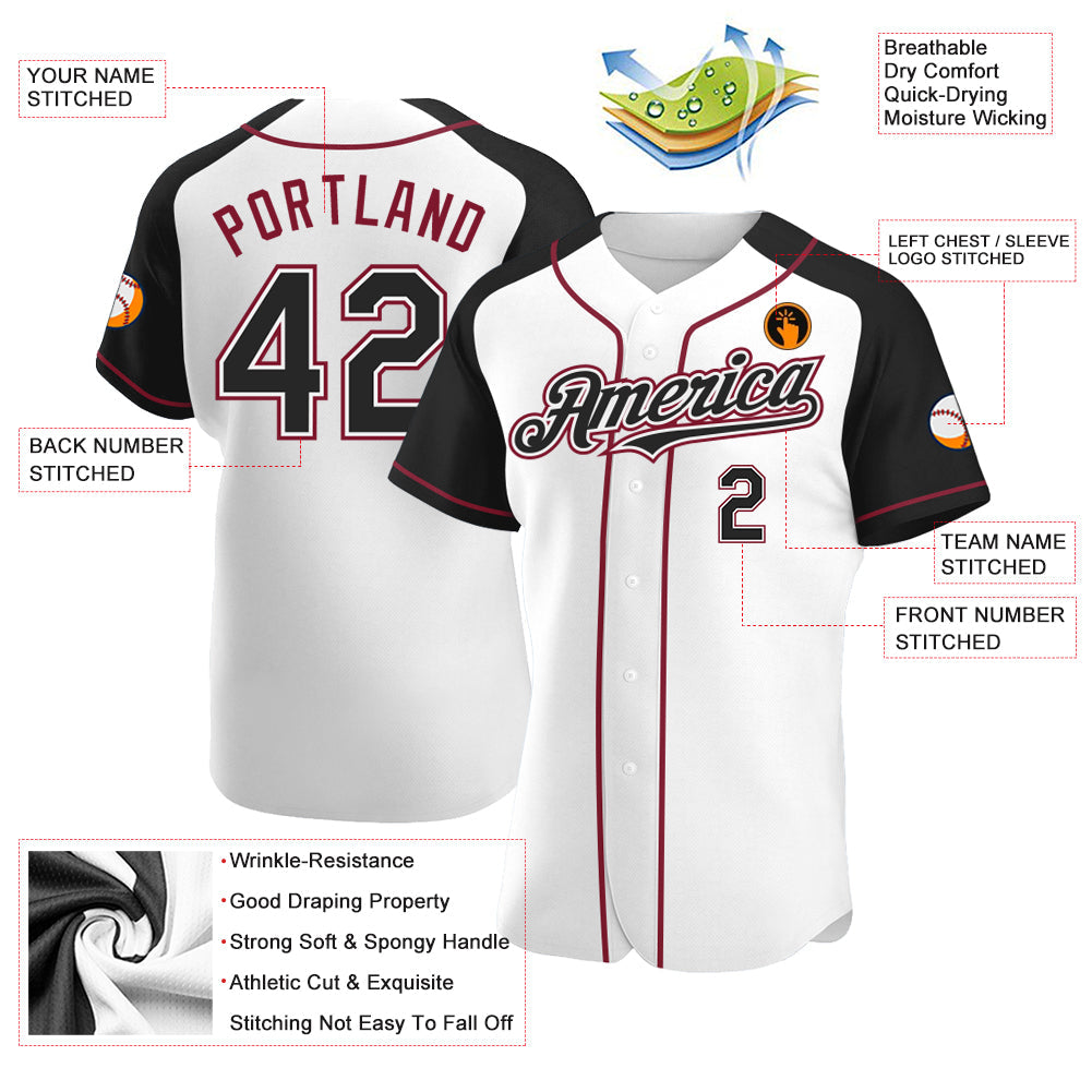 Custom White Black-Crimson Authentic Raglan Sleeves Baseball Jersey view 3