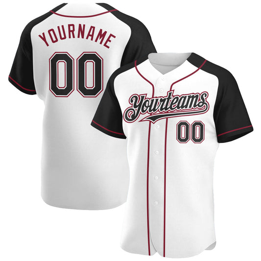 Custom White Black-Crimson Authentic Raglan Sleeves Baseball Jersey - Main View