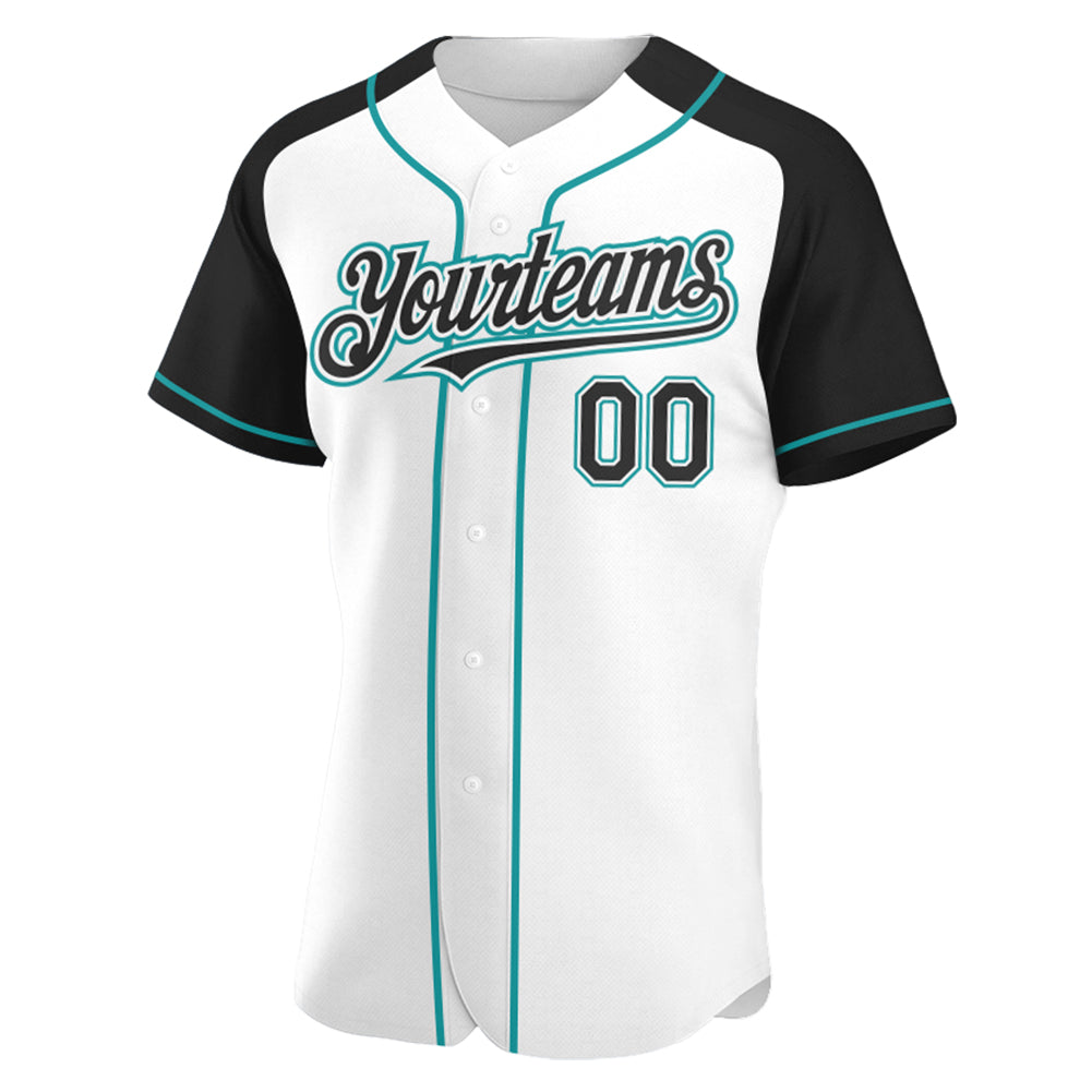 Custom White Black-Teal Authentic Raglan Sleeves Baseball Jersey view 2