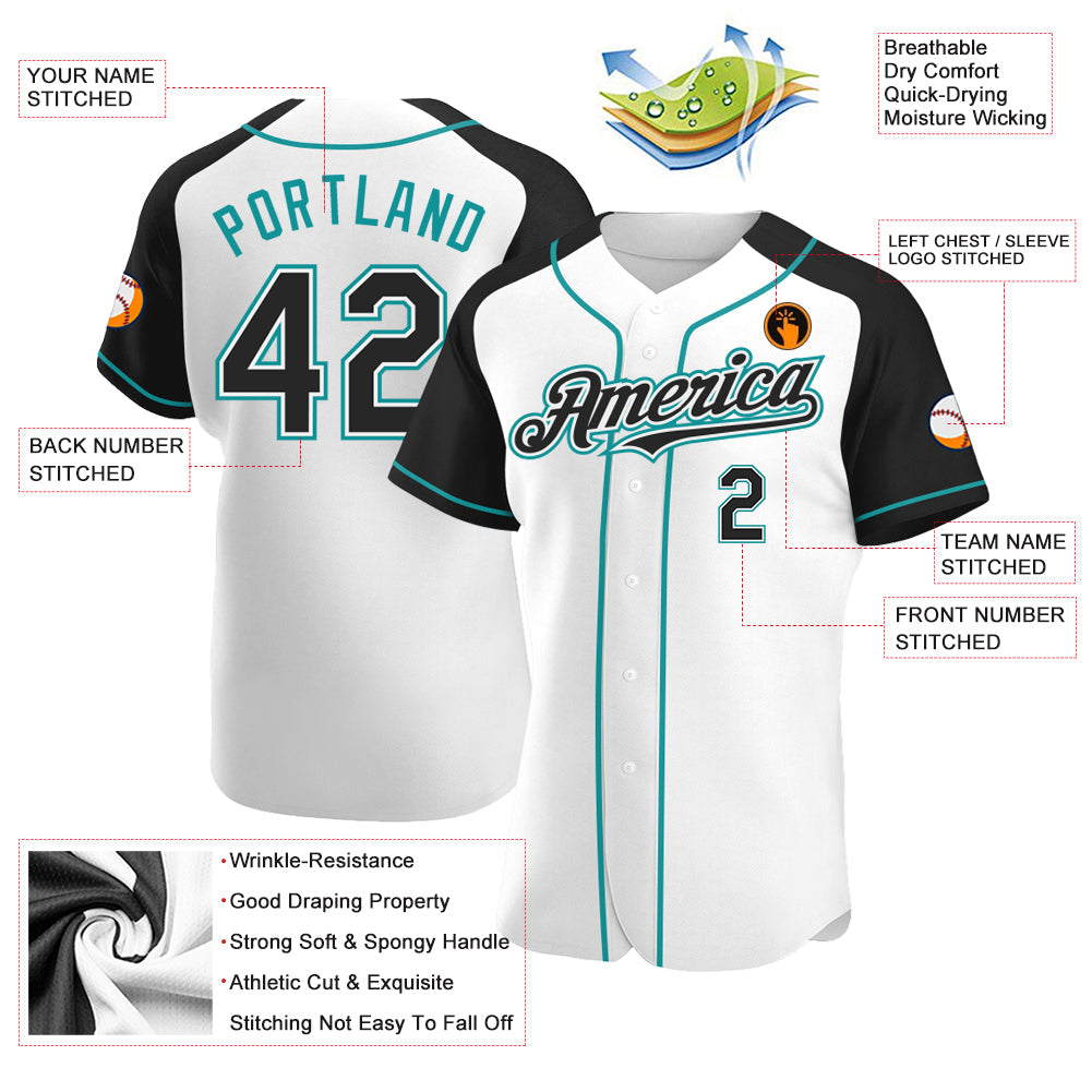 Custom White Black-Teal Authentic Raglan Sleeves Baseball Jersey view 3