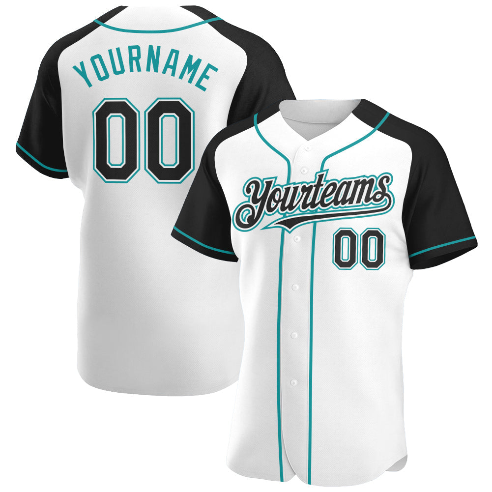 Custom White Black-Teal Authentic Raglan Sleeves Baseball Jersey - Main View