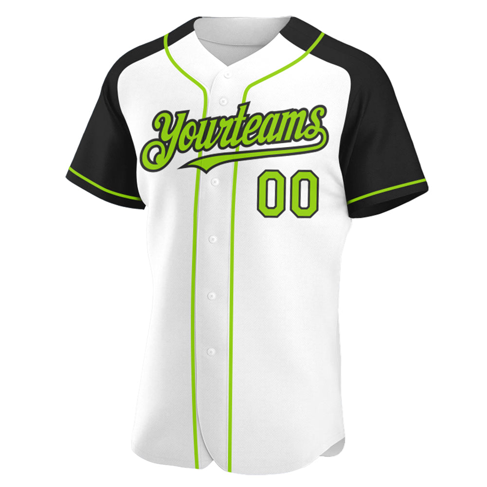 Custom White Neon Green-Black Authentic Raglan Sleeves Baseball Jersey view 2