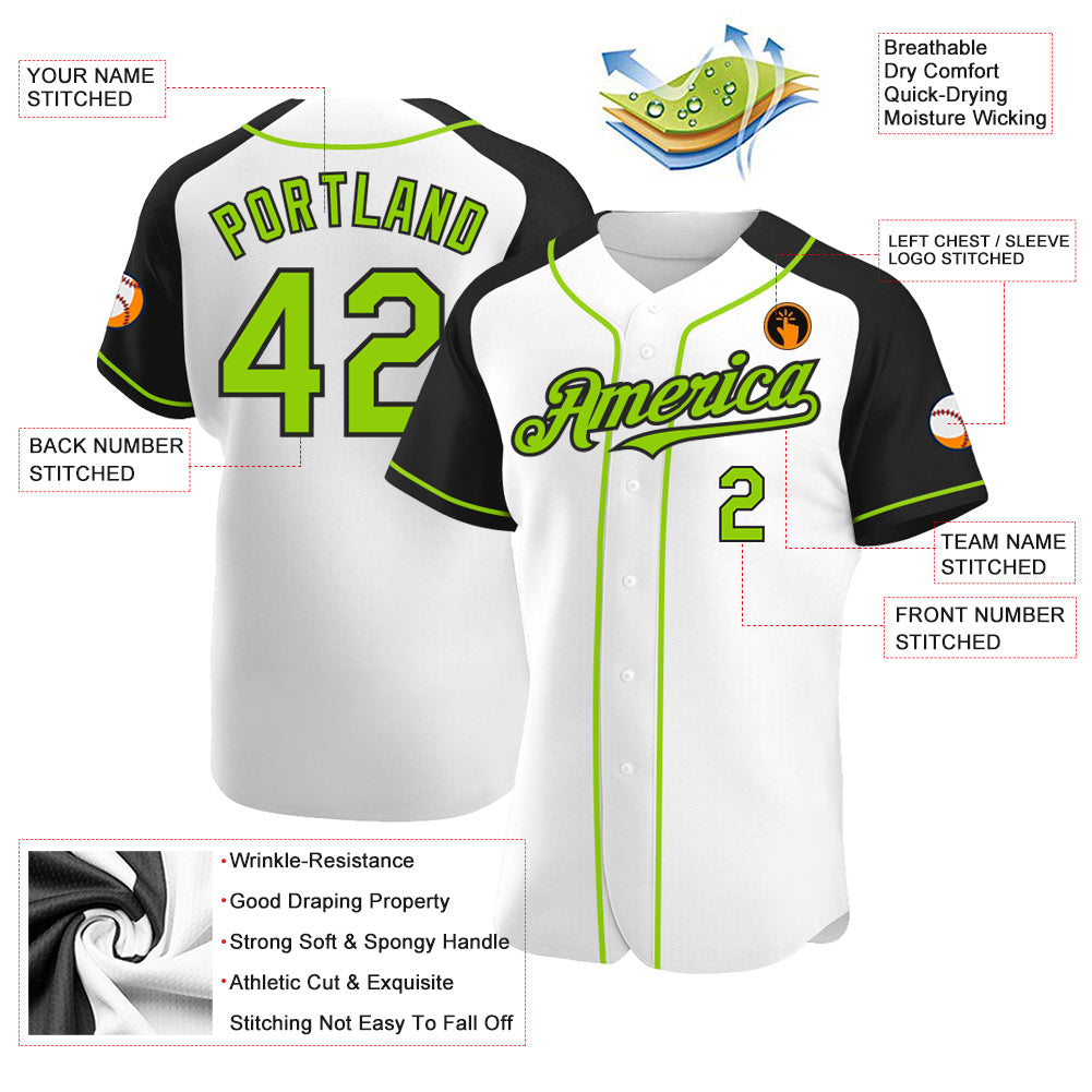 Custom White Neon Green-Black Authentic Raglan Sleeves Baseball Jersey view 3