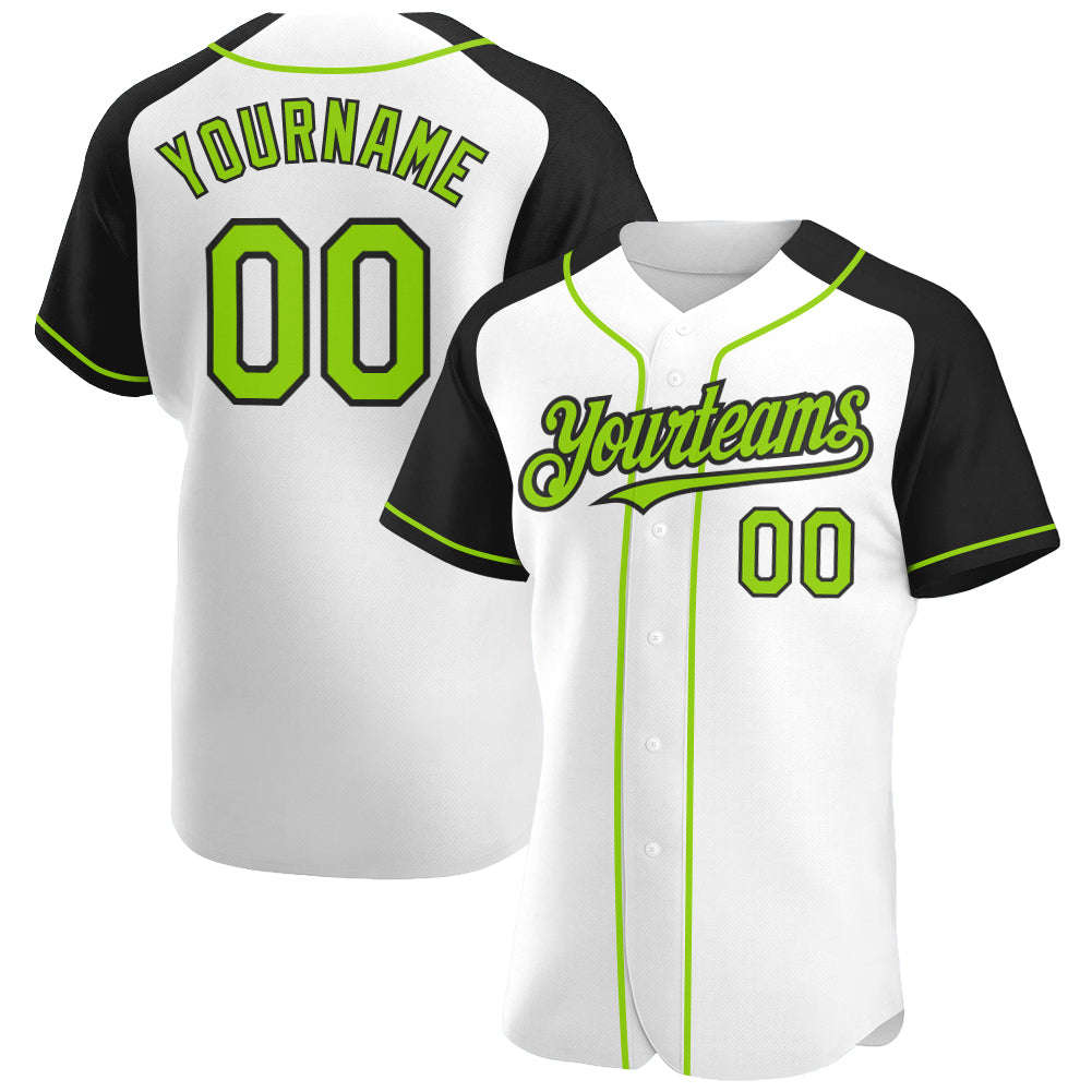 Custom White Neon Green-Black Authentic Raglan Sleeves Baseball Jersey - Main View