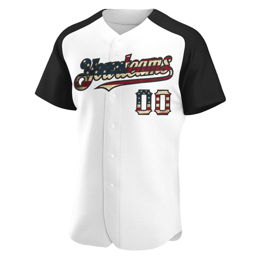 Custom White Vintage USA Flag-Black Authentic Raglan Sleeves Baseball Jersey view 2