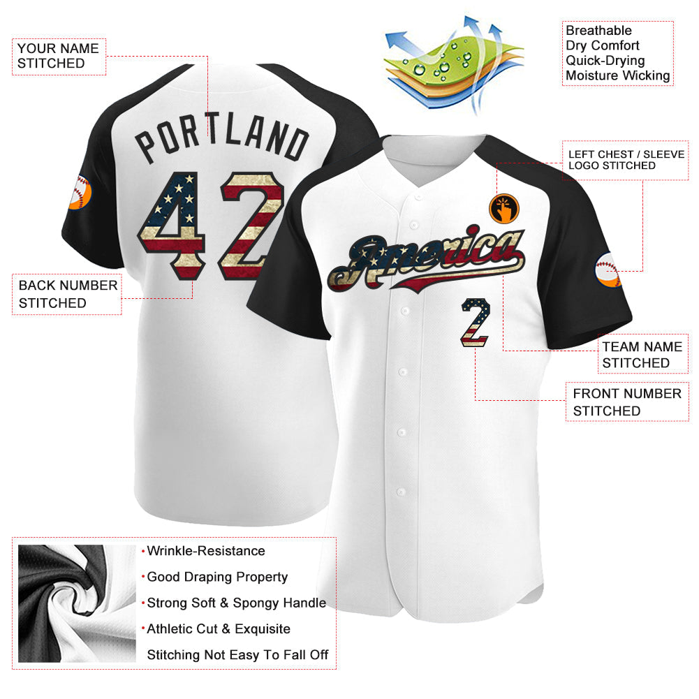 Custom White Vintage USA Flag-Black Authentic Raglan Sleeves Baseball Jersey view 3
