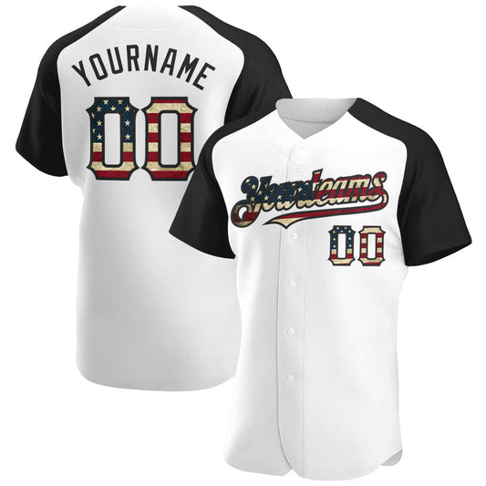 Custom White Vintage USA Flag-Black Authentic Raglan Sleeves Baseball Jersey - Main View