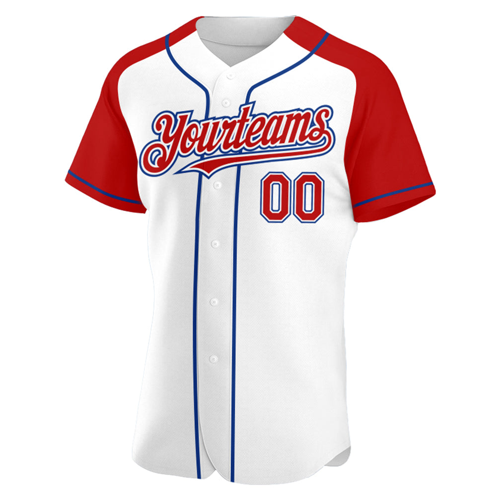Custom White Red-Royal Authentic Raglan Sleeves Baseball Jersey view 2