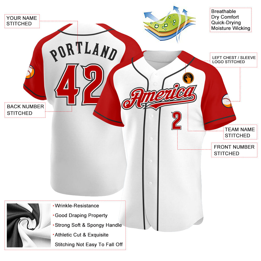 Custom White Red-Black Authentic Raglan Sleeves Baseball Jersey view 3