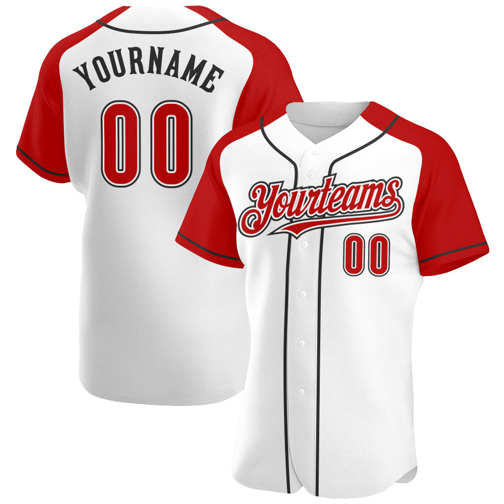 Custom White Red-Black Authentic Raglan Sleeves Baseball Jersey - Main View