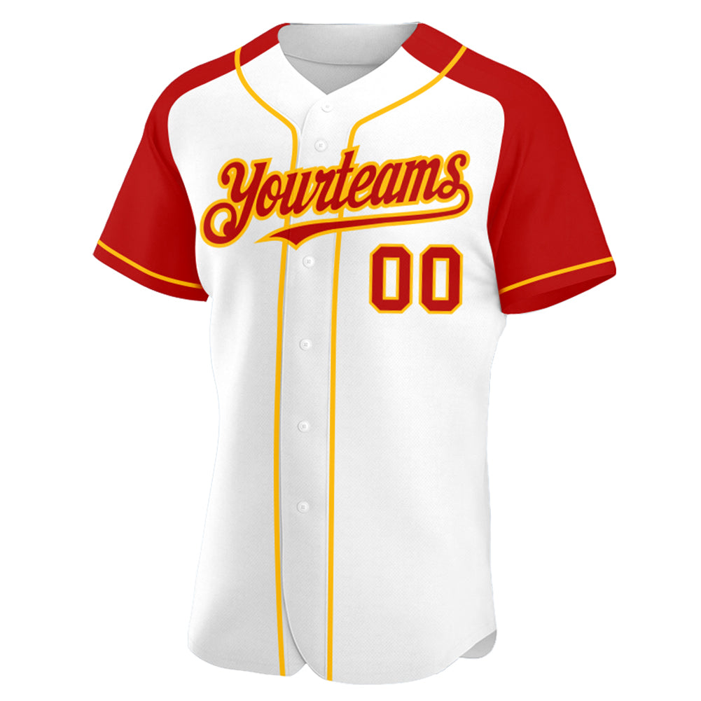 Custom White Red-Gold Authentic Raglan Sleeves Baseball Jersey view 2