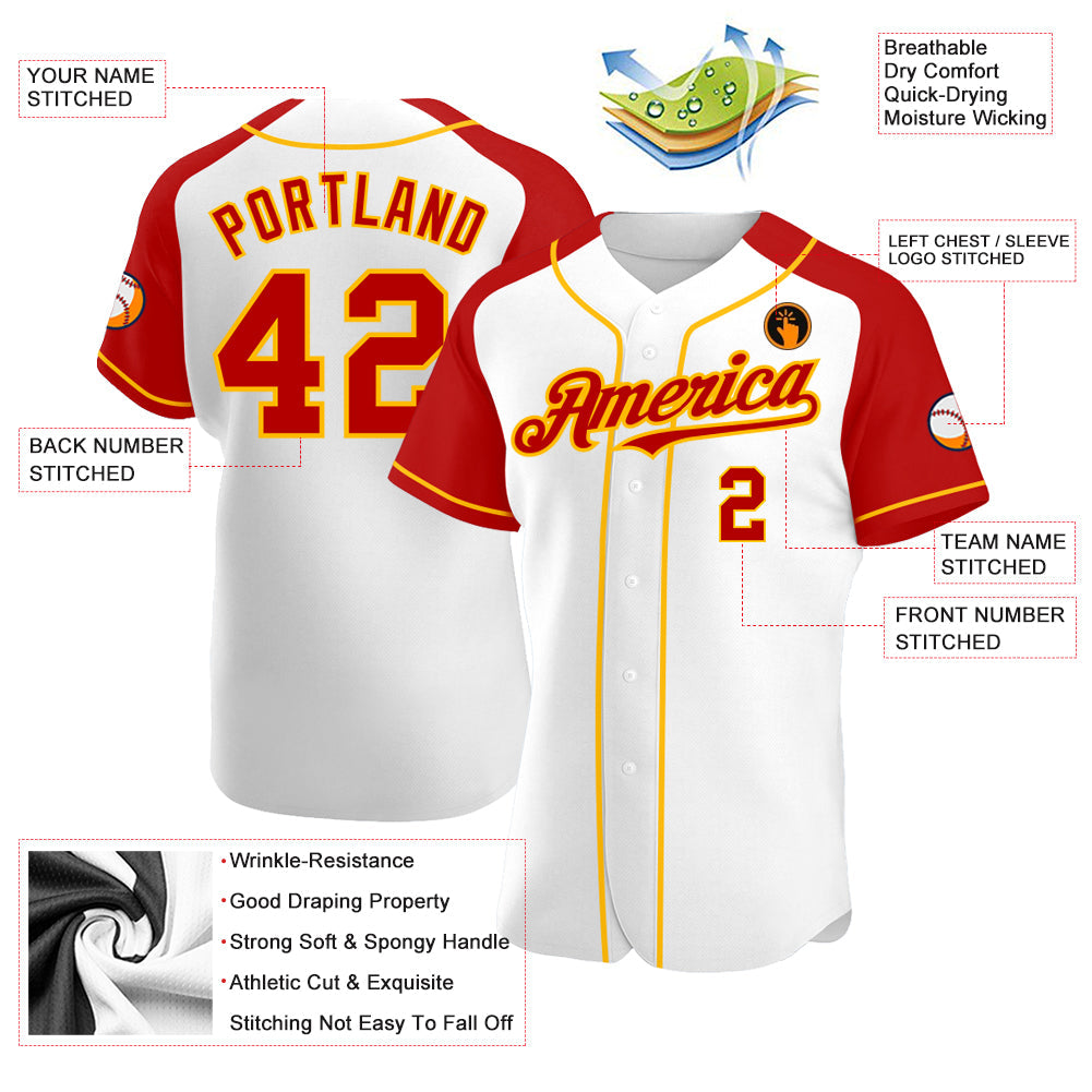 Custom White Red-Gold Authentic Raglan Sleeves Baseball Jersey view 3