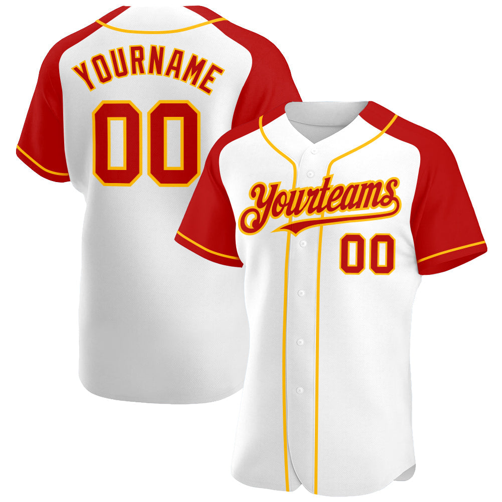 Custom White Red-Gold Authentic Raglan Sleeves Baseball Jersey - Main View