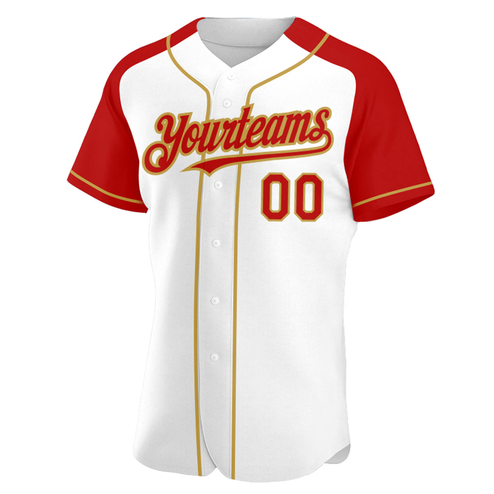 Custom White Red-Old Gold Authentic Raglan Sleeves Baseball Jersey view 2
