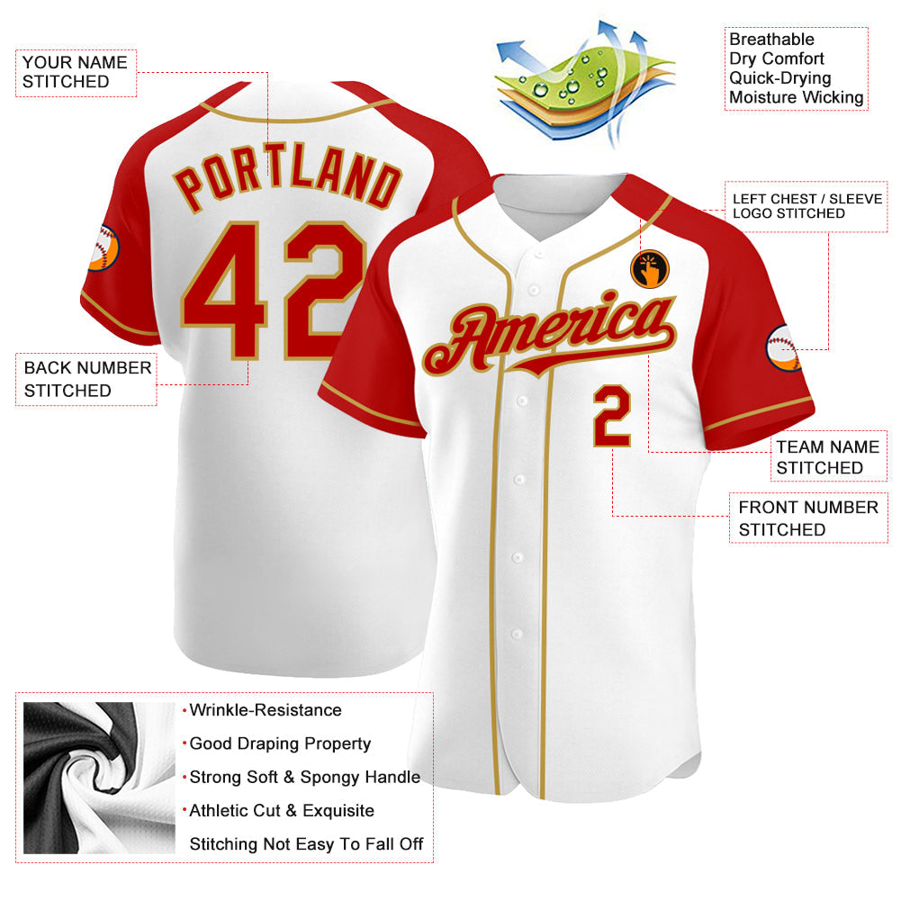 Custom White Red-Old Gold Authentic Raglan Sleeves Baseball Jersey view 3