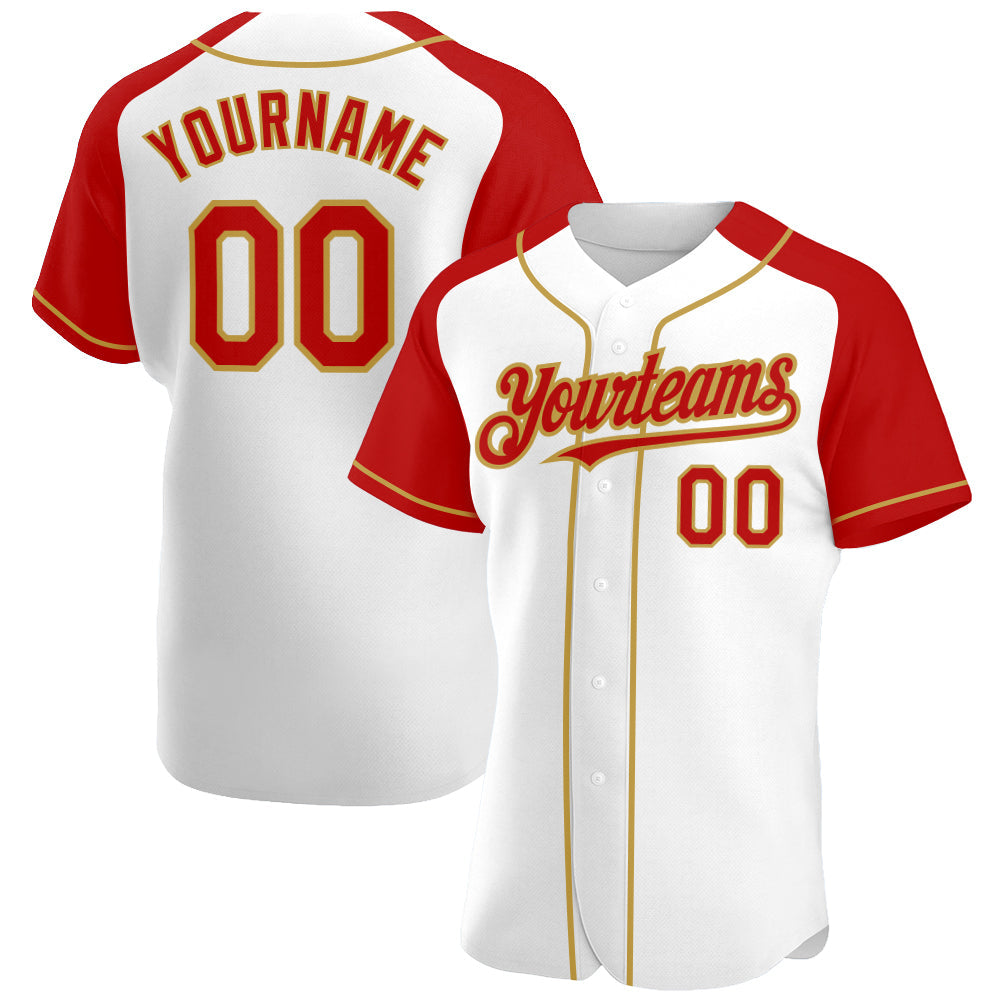 Custom White Red-Old Gold Authentic Raglan Sleeves Baseball Jersey - Main View